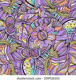 Vector colorful seamless pattern. Ethnic retro design in zentangle style with floral elements