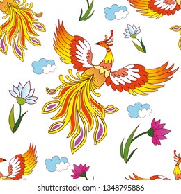 Vector colorful seamless pattern with firebirds, clouds and flowers. Good for design and decoration of textiles, clothing or wallpapers.