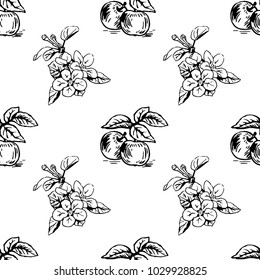 Vector colorful seamless pattern with flowers and apples on a branch. Perfect for surface textures, textile, pattern fills and more creative designs. Digital illustration in black and white.
