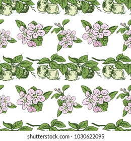 Vector colorful seamless pattern with flowers and apples on a branch. Perfect for wallpapers, surface textures, textile, wrapping papers and more creative designs. Colorful Digital illustration.