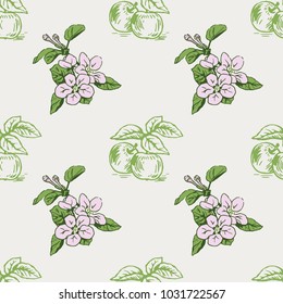 Vector colorful seamless pattern with flowers and apples on a branch. Perfect for wallpapers, surface textures, textile, wrapping papers and more creative designs. Colorful Digital illustration.