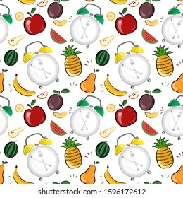 Vector colorful seamless pattern. Fruit. Diet. Clock.