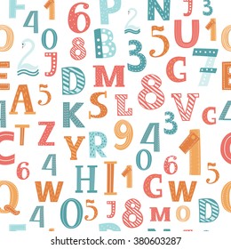 Vector colorful seamless pattern of funny letters isolated on white background