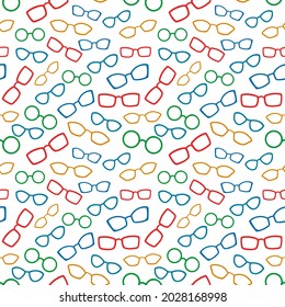 Vector colorful seamless pattern with glasses isolated on white background. Flat style illustration for fabric, textiles, scrapbooking, clothing, advertising.