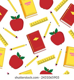 Vector colorful seamless pattern for graduation, teacher day, education background with book, apple, pencil, line.  