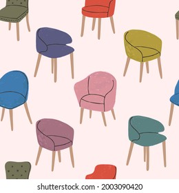 Vector colorful seamless pattern with hand drawn textured illustrations of modern comfortable armchairs. Elements for interior design
