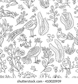 Vector colorful seamless pattern with hand drawn decorative birds and flowers.