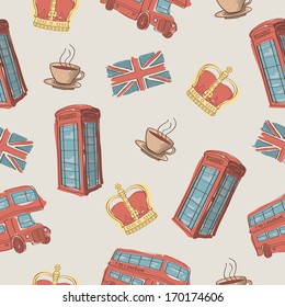 Vector colorful seamless pattern of hand-drawn London symbols