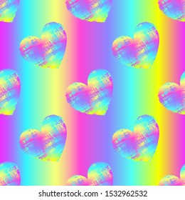 Vector colorful seamless pattern with holographic shabby paint hearts on rainbow background. Hand drawn art.