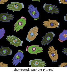 Vector colorful seamless pattern illustration of lined hands with circles in dark colors on black. The design is perfect for backgrounds, textures, textiles, wrapping paper, wallpaper