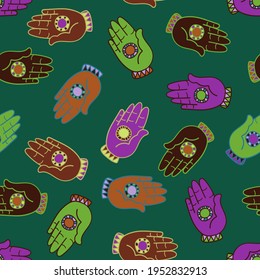 Vector colorful seamless pattern illustration of lined hands with circles in dark colors on green. The design is perfect for backgrounds, textures, textiles, wrapping paper, wallpaper