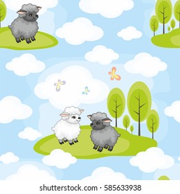 Vector colorful seamless pattern with the image of sheep in cartoon style.