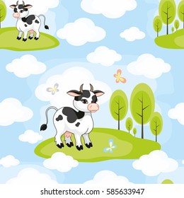 Vector colorful seamless pattern with the image of cow in cartoon style.