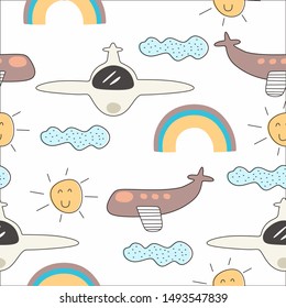 Vector colorful seamless pattern for kids with airplane drawing. Ideal for cards, invitations, baby shower, party, kindergarten, children nursery room decoration.