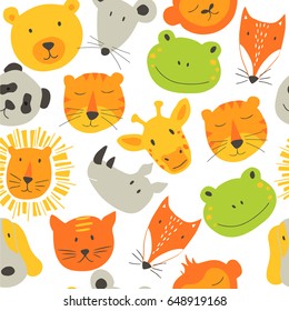 Vector colorful seamless pattern for kids with animals.  Ideal for cards, invitations, baby shower, party,  kindergarten, children room decoration.