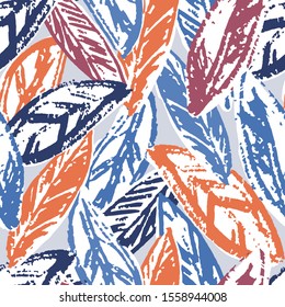Vector colorful seamless pattern with leaves. Hand drawn boho background, organic texture with blue and orange decor element.