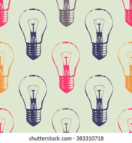 Vector colorful seamless pattern with light bulbs. Modern hipster sketch style. Idea and creative thinking concept.