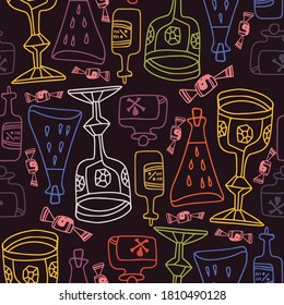 Vector colorful seamless pattern of lined alchemic bottles, tubes and grails