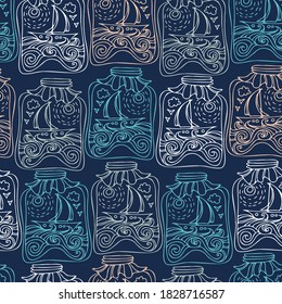Vector colorful seamless pattern of lined jars with sunny sea landscape with sailboat on dark blue background. The design is perfect for textile, surfaces, cloths, wrapping paper, wallpaper, packaging