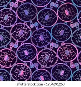 Vector colorful seamless pattern of lined dream catchers in pink and purple on black background. The design is perfect for textiles, surfaces, cloths, wrapping paper, wallpaper, packaging