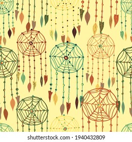 Vector colorful seamless pattern of lined dream catchers in pastel yellow background. The design is perfect for textiles, surfaces, cloths, wrapping paper, wallpaper, packaging