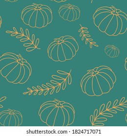 Vector colorful seamless pattern. Many linear autumn pumpkins, on turquoise background. Halloween or thanksgiving day concept
