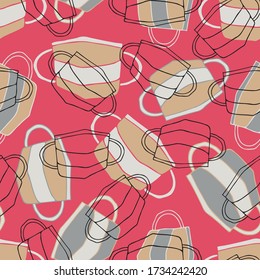 Vector colorful seamless pattern of medical lined safety face masks on a red background. The design is perfect for advertisements, backgrounds, banners, web pages, badges.