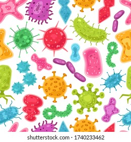 Patrón transparente y colorido del vector. Microbiología. Virus, bacterias y gérmenes. Antecedentes médicos.