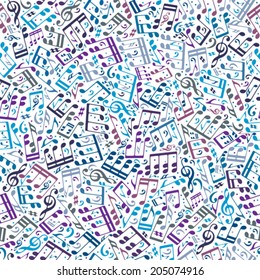 Vector colorful seamless pattern with musical notes and treble clefs on white background.