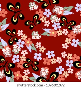Vector colorful seamless pattern on a saturated red background with small multicolored flowers and stylized black butterflies