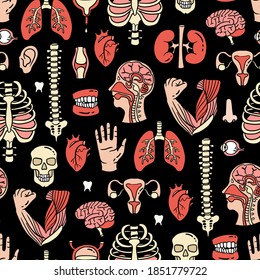 Vector colorful seamless pattern on the theme of human anatomy. Cartoon background with human organs and skeleton on black color