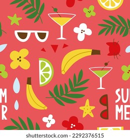 Vector colorful seamless pattern on the theme of summer. Hand drawn text summer with decorative elements on bright background. Design template for advertising, print, greeting card, fabric