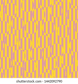 Vector colorful seamless pattern. Op art striped texture. Summer colors, pink and yellow. Creative psychedelic design with lines, circles. Retro 80-90's background. Optical illusion. Repeated design