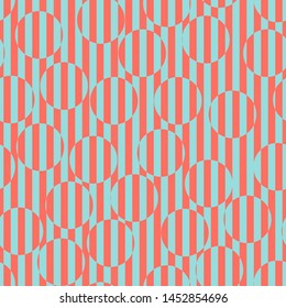 Vector colorful seamless pattern. Op art striped texture. Trendy bright colors, living coral and turquoise. Creative psychedelic design with lines, circles. Retro 80-90's background. Optical illusion