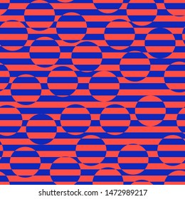 Vector colorful seamless pattern. Op art striped texture. Optical illusion. Trendy bright colors, red and electric blue. Creative psychedelic design with lines, circles. Retro 80-90's background