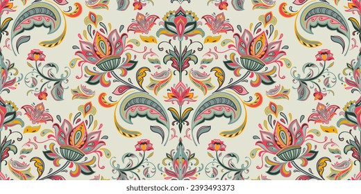 Vector colorful seamless pattern with oriental ornament. Beautiful endless background with paisley motifs