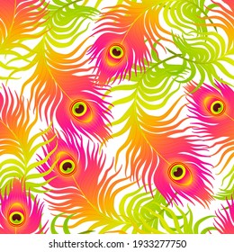 Vector Colorful Seamless Pattern with Ornament of Vibrant Peacock Feathers isolated on the White Background. Vivid Backdrop Design.
