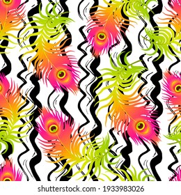 Vector Colorful Seamless Pattern with Ornament of Vibrant Peacock Feathers on White Background. Wavy Brush Stroke Texture.