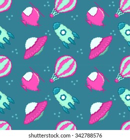 vector colorful seamless pattern with pixel flying vehicles, editable background