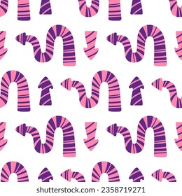 Vector colorful seamless pattern with playful purple and pink arrows. Abstract quirky dynamic striped arrow on white background. Trendy childish textured arrow wrapping. Seamless pattern design.