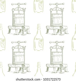 Vector colorful seamless pattern with presses for squeezing and bottles. Perfect for apple cider, juice, wallpapers, surface textures, wrapping paper and more creative designs. Digital illustration.