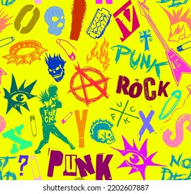 Vector colorful seamless pattern of punk and anarchy symbols, skulls, guitars and typography design in the style of 70s punk rock style on yellow background.