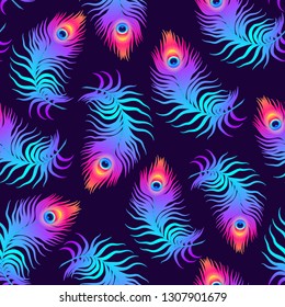 Vector colorful seamless pattern with randomly rotated neon peacock feathers on the dark background.