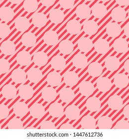 Vector colorful seamless pattern. Red and pink texture with diagonal stripes, lines, circles. Op art style. Cute abstract striped background. Repeat design for decor, print, wallpapers, textile, cover