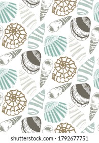 Vector colorful seamless pattern with seashells. Decorative ornament for wallpaper, wrapping, fabrics, postcard design.