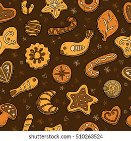 Vector colorful seamless pattern, set of Christmas cookies on dark background