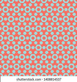 Vector colorful seamless pattern. Simple geometric texture with small hexagons, honeycomb, grid. Repeat tiles, endless wallpaper. Vibrant colors, coral and blue. Summer style abstract background