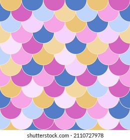 Vektorgrafik - Farbiges, nahtloses Muster von Fischen, Meerjungfrau, Rosa, blauer Hintergrund. Japanischer Stil. Kann für Druck, Papier, Verpackung, Karte verwendet werden. Einfaches Bild.