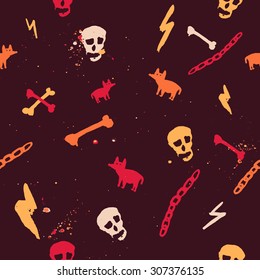 Vector colorful seamless pattern with skull, bones and ugly dog for halloween party