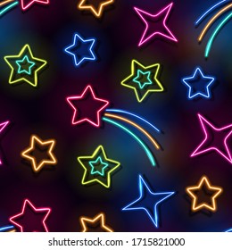 Patrón transparente vectorial con símbolos de luz de neón espacial. Cometas brillantes, constelaciones y estrellas de fondo negro